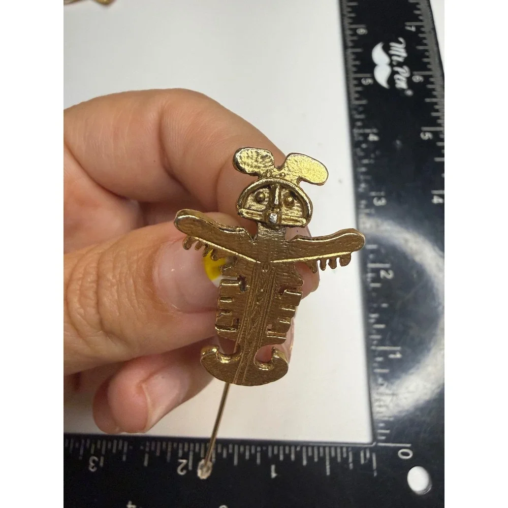 Gold Tone Pre-Columbian Style Anthropomorphic Figure Stick Pin Lapel Accessory
